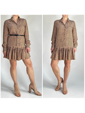 J.CREW Dress Tan Black Leopard Print Mini Ruffle Dress S Viscose